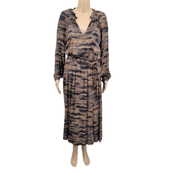 Cloth & Stone Ruffled V-Neck Animal Print Belted Midi Dress Medium - Picture 1 of 15
